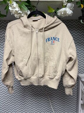Mighty Fine Cream Zip-Up Cropped Hoodie with Paris France Graphic